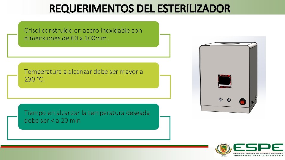 REQUERIMENTOS DEL ESTERILIZADOR Crisol construido en acero inoxidable con dimensiones de 60 x 100