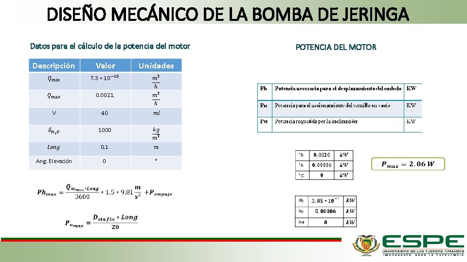 DISEÑO MECÁNICO DE LA BOMBA DE JERINGA Datos para el cálculo de la potencia