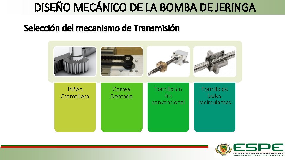 DISEÑO MECÁNICO DE LA BOMBA DE JERINGA Selección del mecanismo de Transmisión Piñón Cremallera