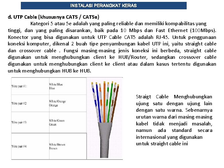 INSTALASI PERANGKAT KERAS d. UTP Cable (khususnya CAT 5 / CAT 5 e) Kategori