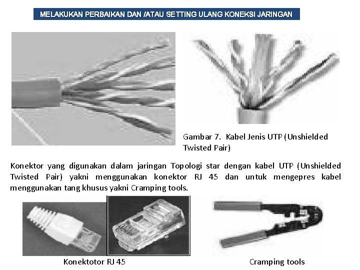 MELAKUKAN PERBAIKAN DAN /ATAU SETTING ULANG KONEKSI JARINGAN Gambar 7. Kabel Jenis UTP (Unshielded