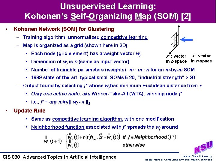 Unsupervised Learning: Kohonen’s Self-Organizing Map (SOM) [2] • Kohonen Network (SOM) for Clustering –