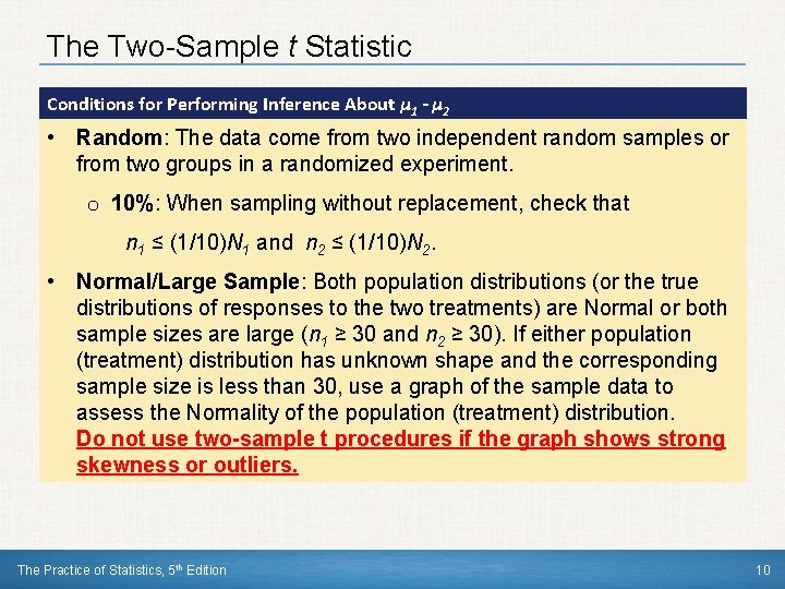 The Two-Sample t Statistic Conditions for Performing Inference About µ 1 - µ 2