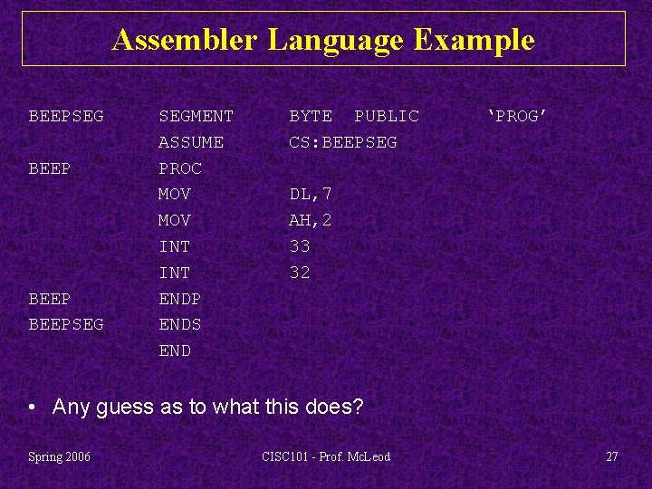 Assembler Language Example BEEPSEG BEEPSEG SEGMENT ASSUME PROC MOV INT ENDP ENDS END BYTE