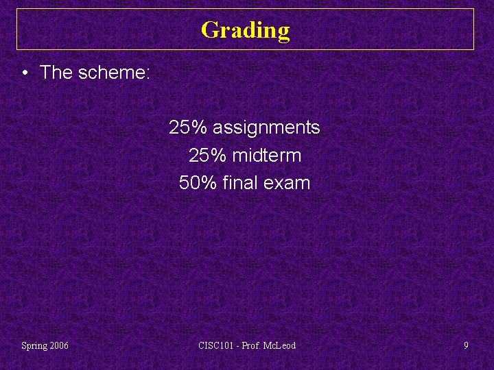 Grading • The scheme: 25% assignments 25% midterm 50% final exam Spring 2006 CISC