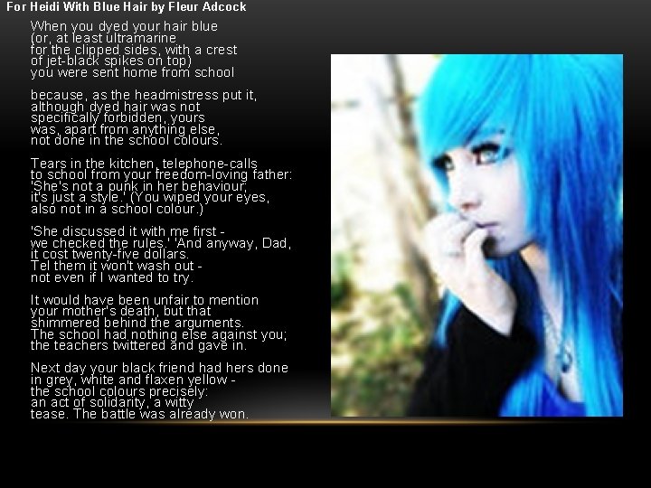 SparkNotes: Poem Study Guides - For Heidi With Blue Hair by Fleur Adcock - wide 3