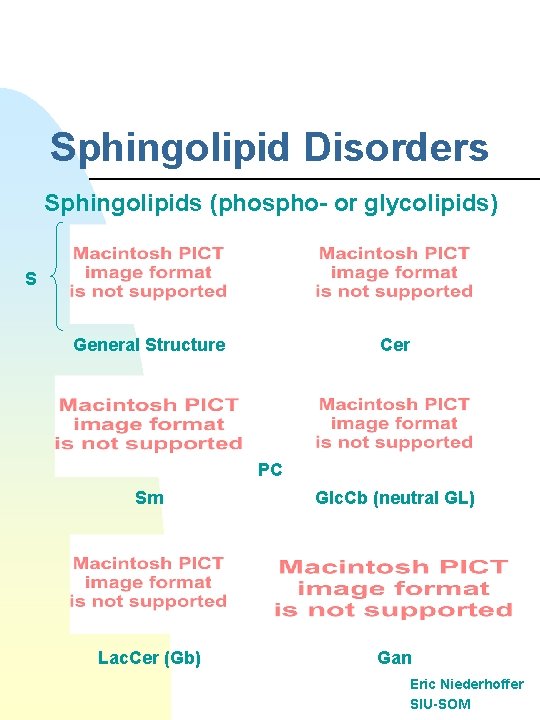 Sphingolipid Disorders Sphingolipids (phospho- or glycolipids) S General Structure Cer PC Sm Glc. Cb