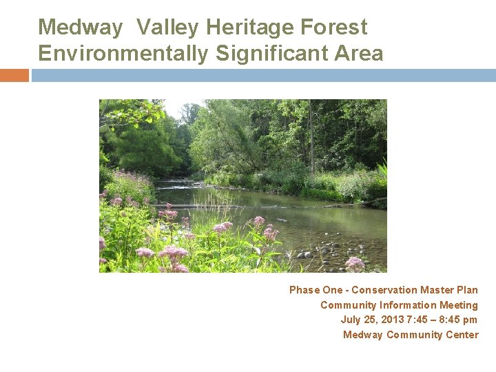 Medway Valley Heritage Forest Environmentally Significant Area Phase One - Conservation Master Plan Community