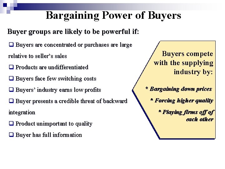Bargaining Power of Buyers Buyer groups are likely to be powerful if: q Buyers