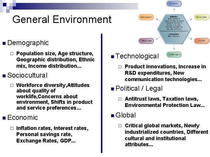 General Environment n Demographic ¨ Population size, Age structure, Geographic distribution, Ethnic mix, Income