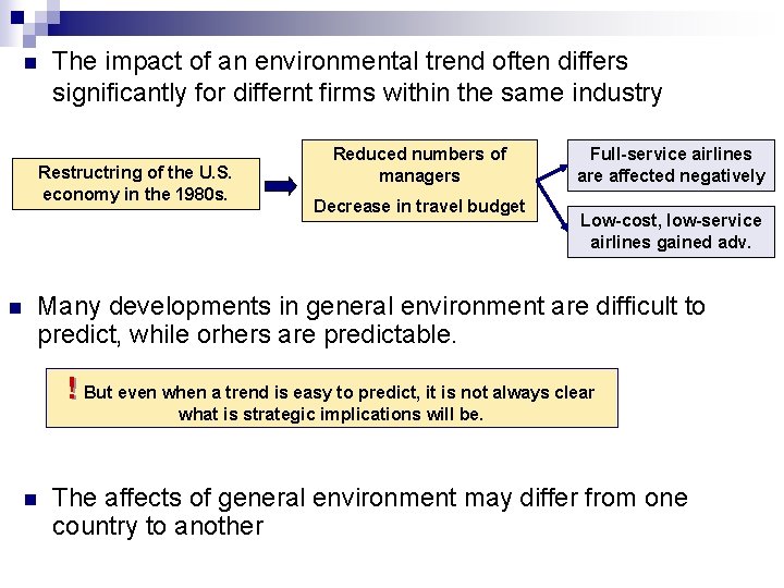 n The impact of an environmental trend often differs significantly for differnt firms within