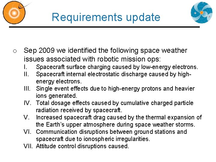 Requirements update o Sep 2009 we identified the following space weather issues associated with