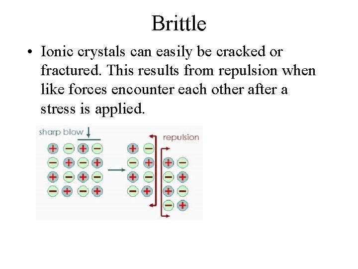 Brittle • Ionic crystals can easily be cracked or fractured. This results from repulsion