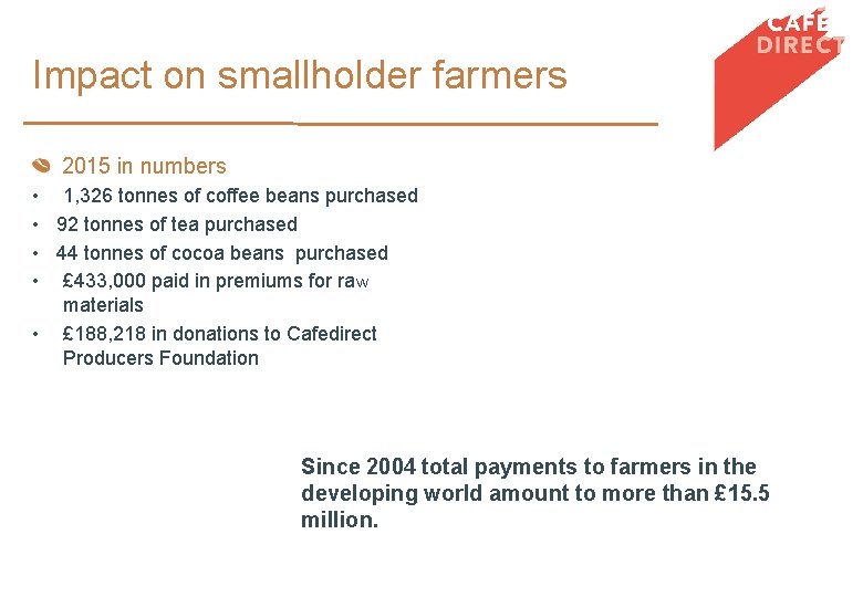 Impact on smallholder farmers 2015 in numbers • 1, 326 tonnes of coffee beans