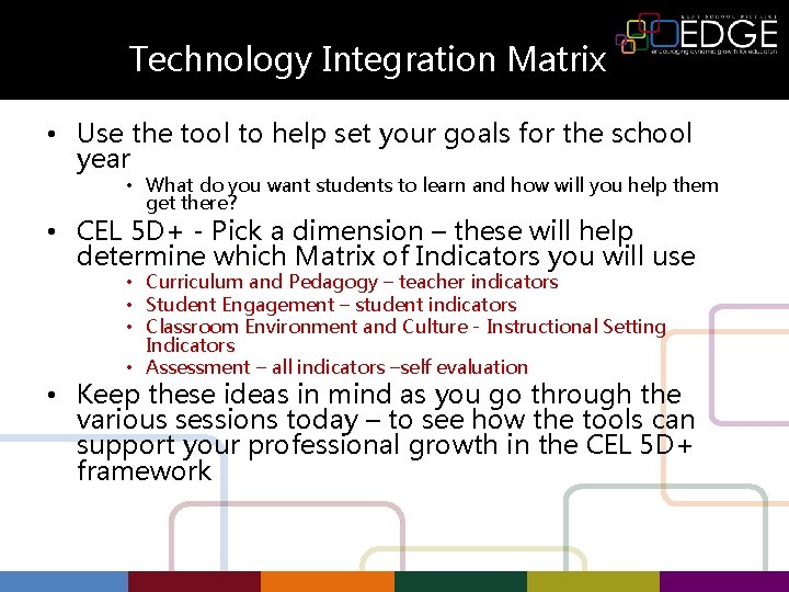 Technology Integration Matrix • Use the tool to help set your goals for the
