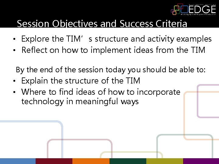 Session Objectives and Success Criteria • Explore the TIM’s structure and activity examples •