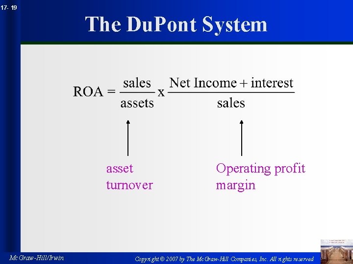 17 - 19 The Du. Pont System asset turnover Mc. Graw-Hill/Irwin Operating profit margin