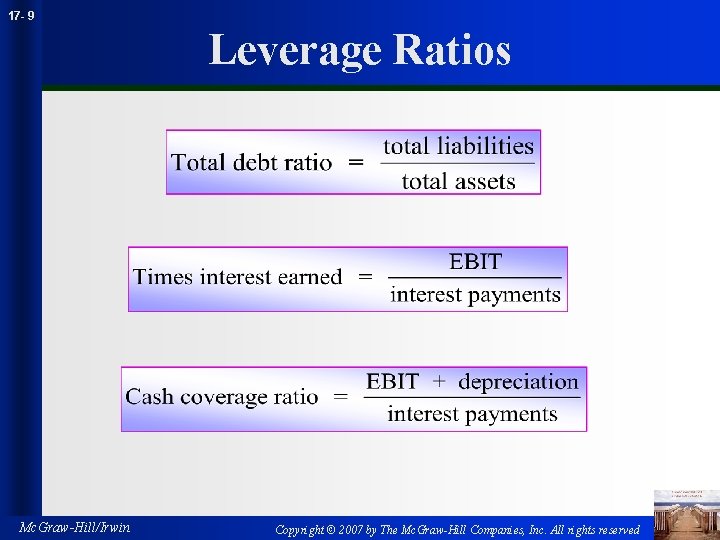 17 - 9 Leverage Ratios Mc. Graw-Hill/Irwin Copyright © 2007 by The Mc. Graw-Hill