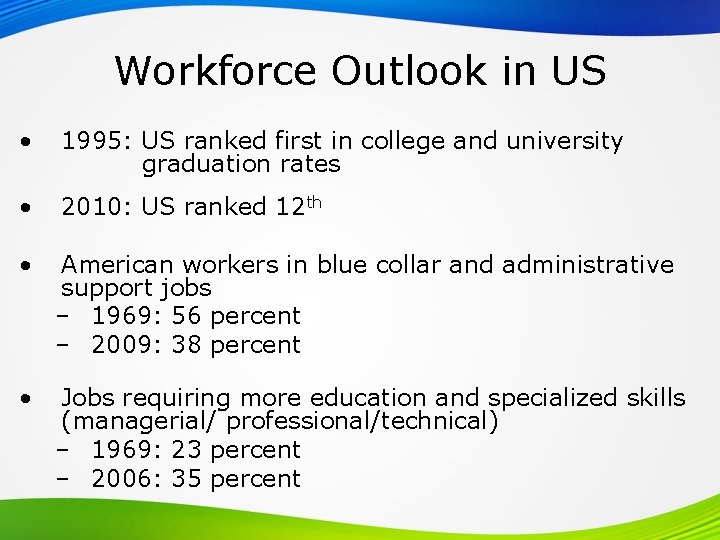 Workforce Outlook in US • 1995: US ranked first in college and university graduation