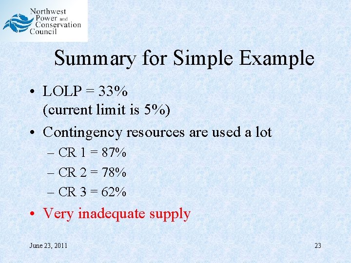 Summary for Simple Example • LOLP = 33% (current limit is 5%) • Contingency