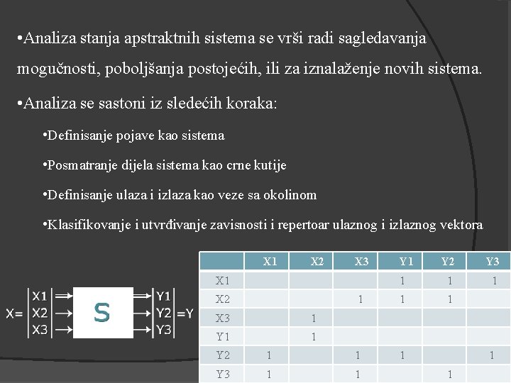  • Analiza stanja apstraktnih sistema se vrši radi sagledavanja mogučnosti, poboljšanja postojećih, ili