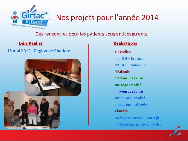 Nos projets pour l’année 2014 Des rencontres pour les patients sous anticoagulants Déjà Réalisé Nos projets pour l’année 2014 Des rencontres pour les patients sous anticoagulants Déjà Réalisé