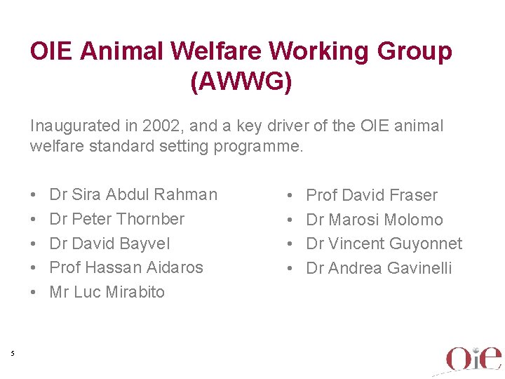 OIE Animal Welfare Working Group (AWWG) Inaugurated in 2002, and a key driver of