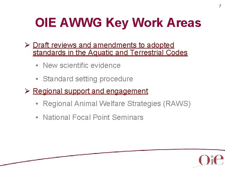 7 OIE AWWG Key Work Areas Ø Draft reviews and amendments to adopted standards