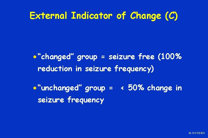 External Indicator of Change (C) · “changed” group = seizure free (100% reduction in External Indicator of Change (C) · “changed” group = seizure free (100% reduction in