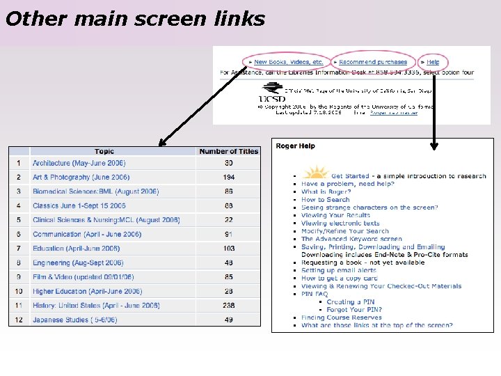 Other main screen links 