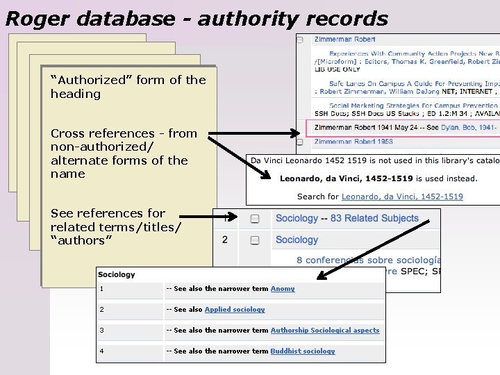 Roger database - authority records “Authorized” form of the heading Cross references - from