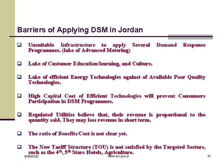 Barriers of Applying DSM in Jordan q Unsuitable Infrastructure to apply Several Programmes. (lake