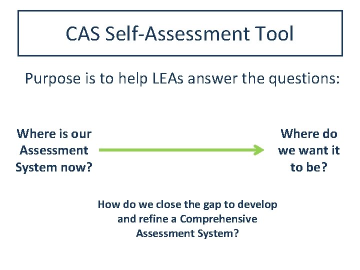 CAS Self-Assessment Tool Purpose is to help LEAs answer the questions: Where do we