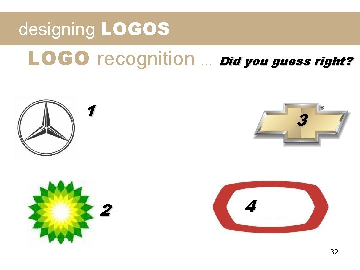 designing LOGOS LOGO recognition … Did you guess right? 1 3 2 4 32