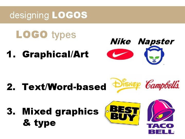 designing LOGOS LOGO types 1. Graphical/Art Nike Napster 2. Text/Word-based 3. Mixed graphics &