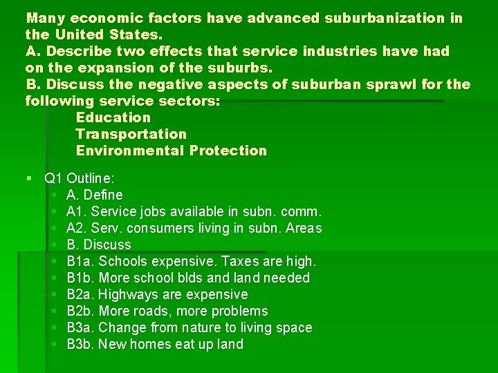 Many economic factors have advanced suburbanization in the United States. A. Describe two effects