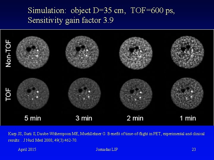 Simulation: object D=35 cm, TOF=600 ps, Sensitivity gain factor 3. 9 Karp JS, Surti