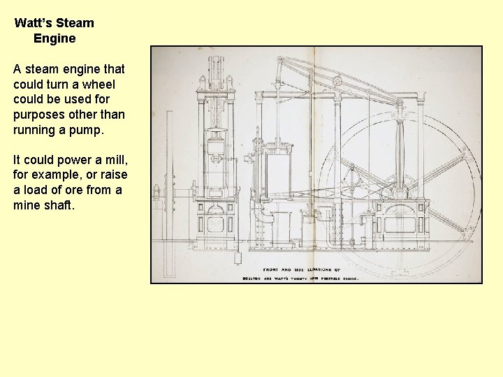 Watt’s Steam Engine A steam engine that could turn a wheel could be used