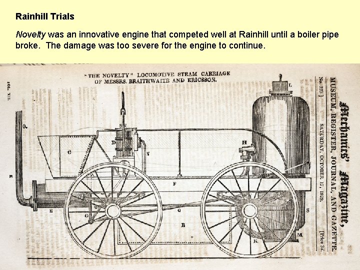Rainhill Trials Novelty was an innovative engine that competed well at Rainhill until a