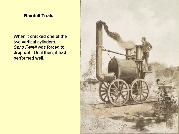 Rainhill Trials When it cracked one of the two vertical cylinders, Sans Pareil was