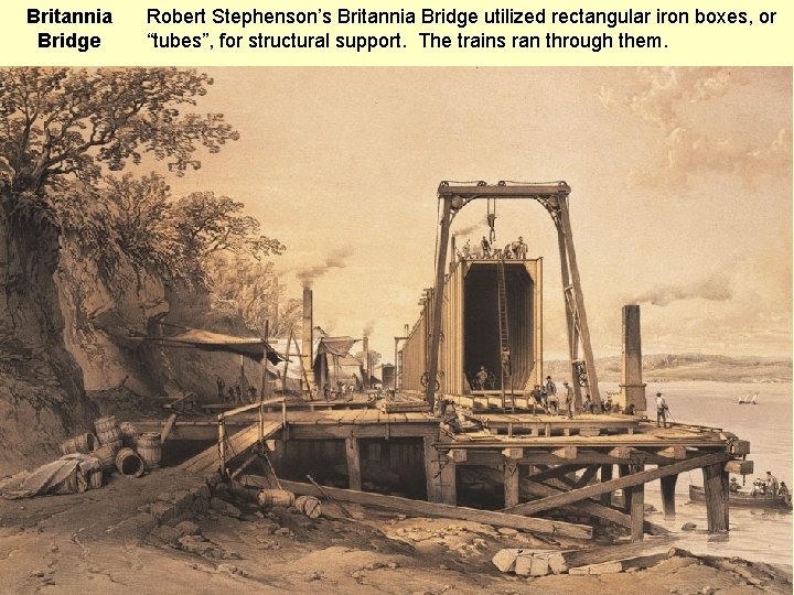 Britannia Bridge Robert Stephenson’s Britannia Bridge utilized rectangular iron boxes, or “tubes”, for structural