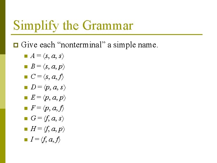 Simplify the Grammar p Give each “nonterminal” a simple name. n n n n