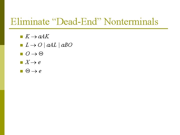 Eliminate “Dead-End” Nonterminals n n n K a. AK L O | a. AL