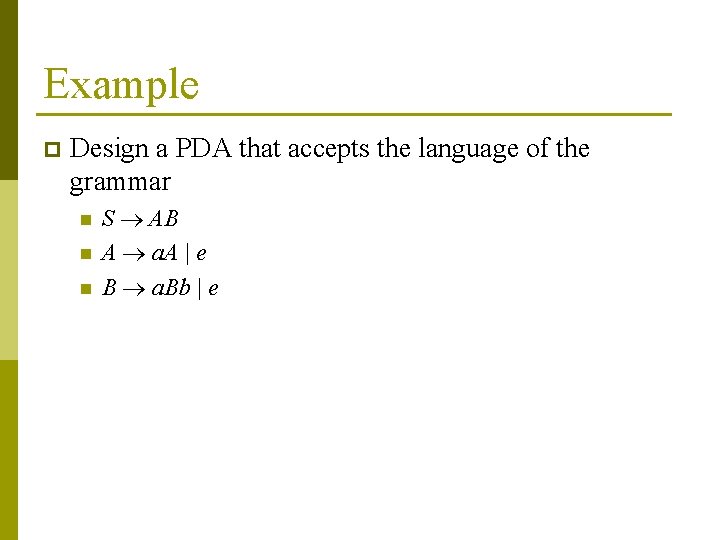 Example p Design a PDA that accepts the language of the grammar n n