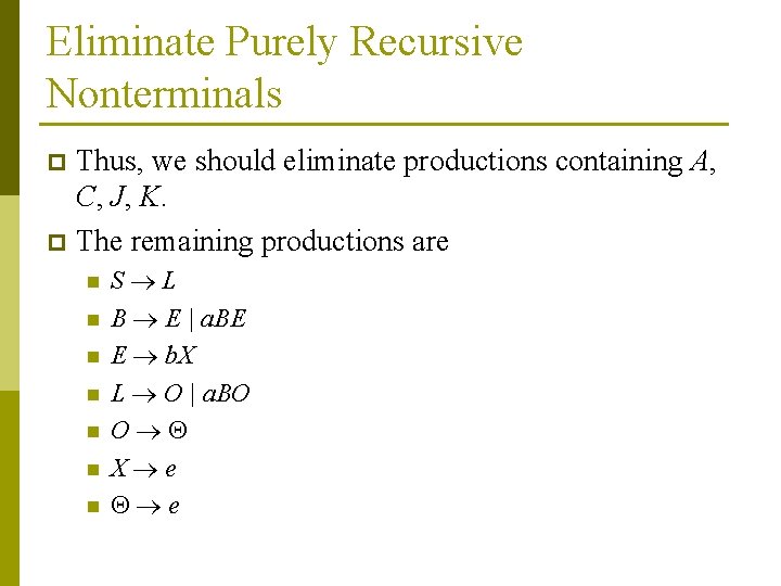 Eliminate Purely Recursive Nonterminals Thus, we should eliminate productions containing A, C, J, K.