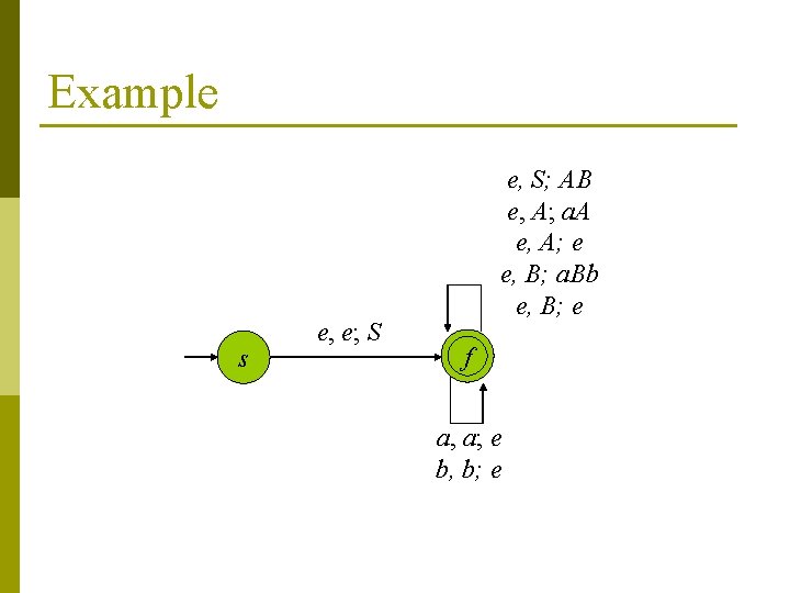 Example s e, e; S e, S; AB e, A; a. A e, A;