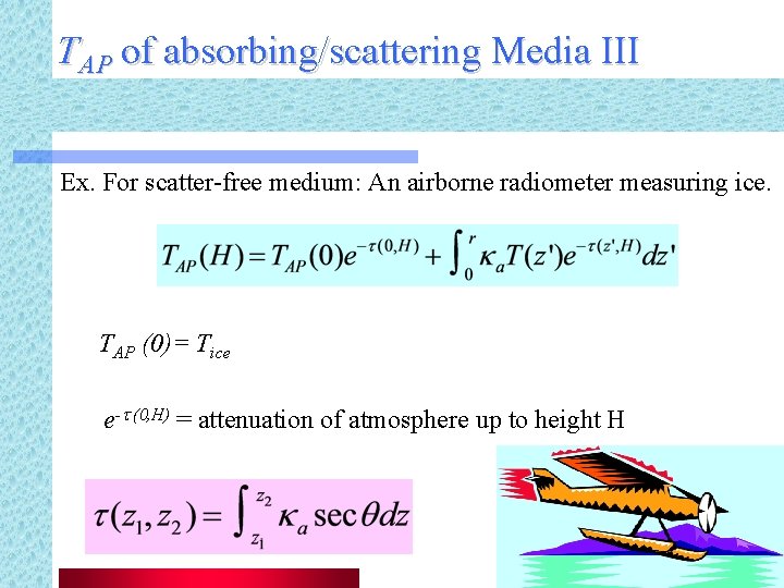 TAP of absorbing/scattering Media III Ex. For scatter-free medium: An airborne radiometer measuring ice.