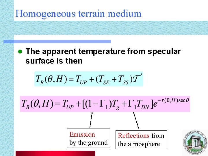 Homogeneous terrain medium l The apparent temperature from specular surface is then Emission by