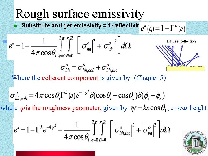 Rough surface emissivity l Substitute and get emissivity = 1 -reflectivitty Where the coherent