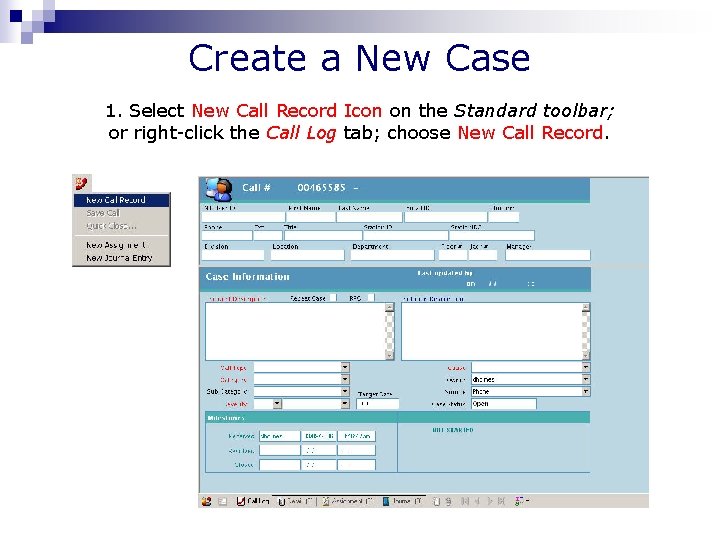 Create a New Case 1. Select New Call Record Icon on the Standard toolbar;